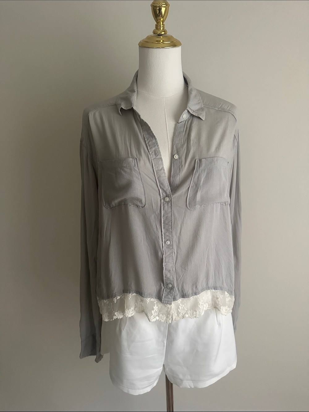 Abercrombie & Fitch Women's Gray Button-Down Shirt with Lace Hem